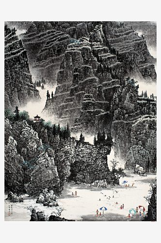 白雪石水墨山脉湖畔风景画