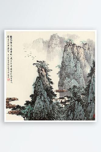 白雪石水墨山脉湖畔风景画