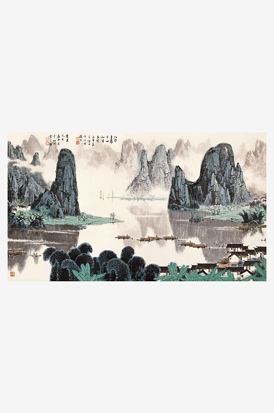 白雪石水墨画山峦湖畔