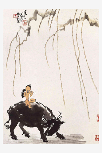 水墨画放牛娃风景画李可染国画