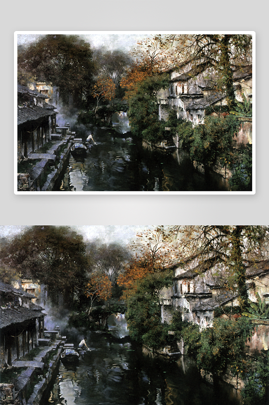 中国风江南水乡风景画油画