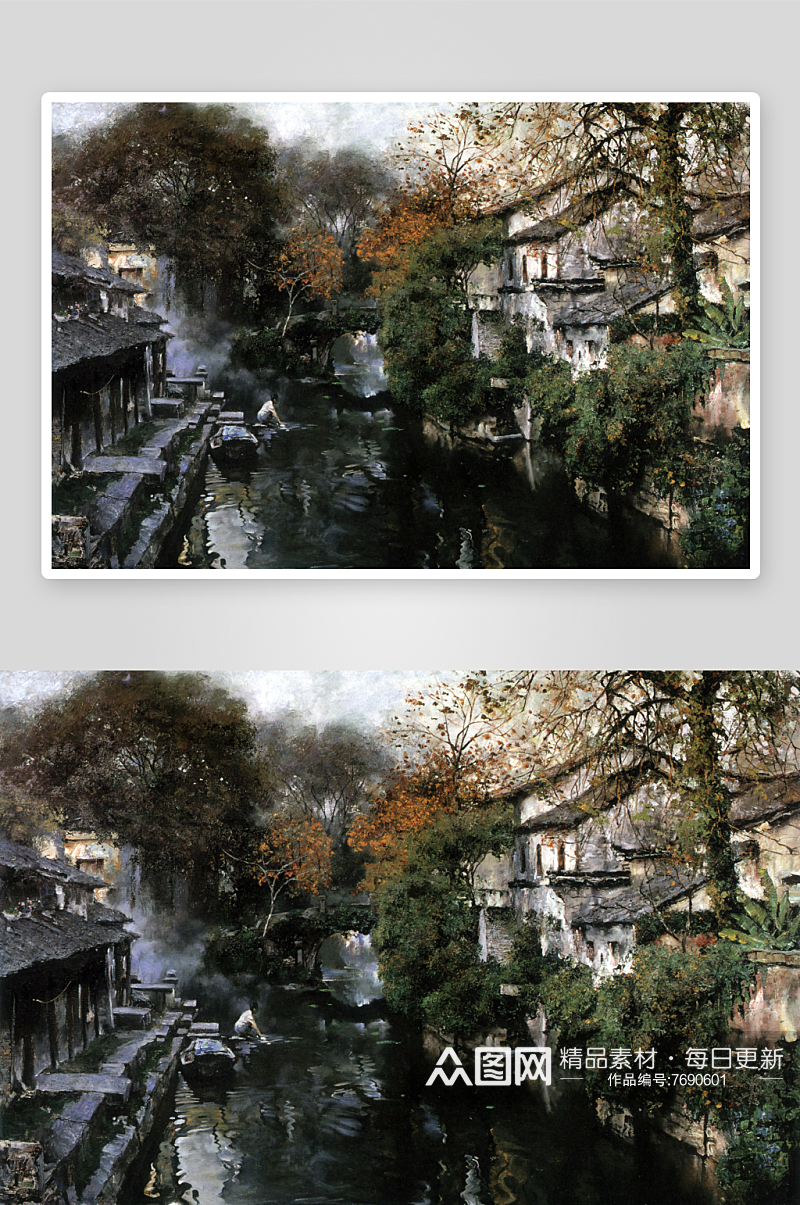 中国风江南水乡风景画油画素材