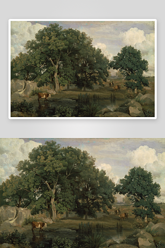 柯罗作品油画湖畔树林风景画