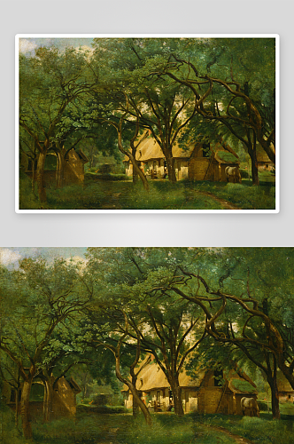 柯罗树林房子油画风景画