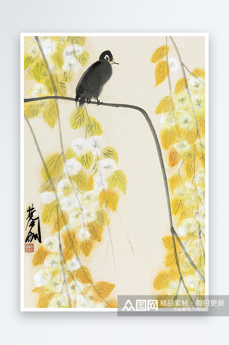 林风眠水彩乌鸦黄色树枝风景画素材