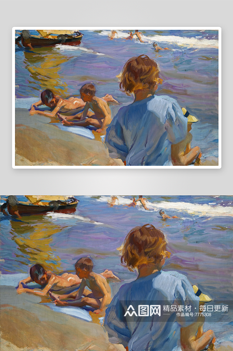 索罗拉油画海边人物风景画素材