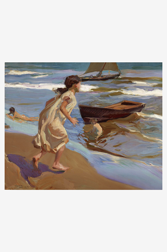 索罗拉油画海边人物风景画