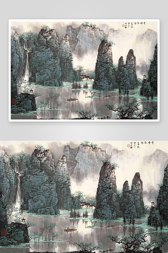 白雪石国画山水湖畔风景画