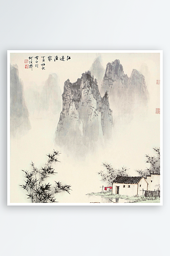 白雪石国画山水湖畔风景画