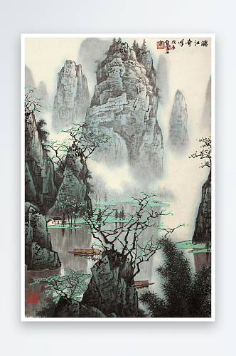 白雪石国画山水湖畔风景画