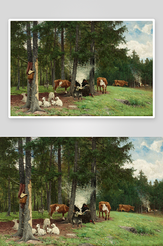 森林动物油画风景画装饰画