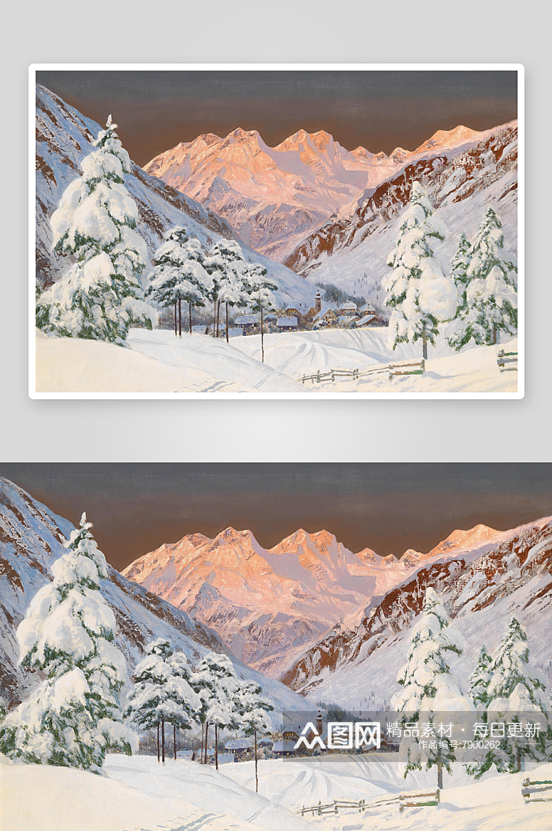 雪山雪景湖畔油画风景画素材