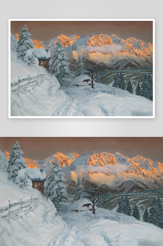 雪山雪景湖畔油画风景画