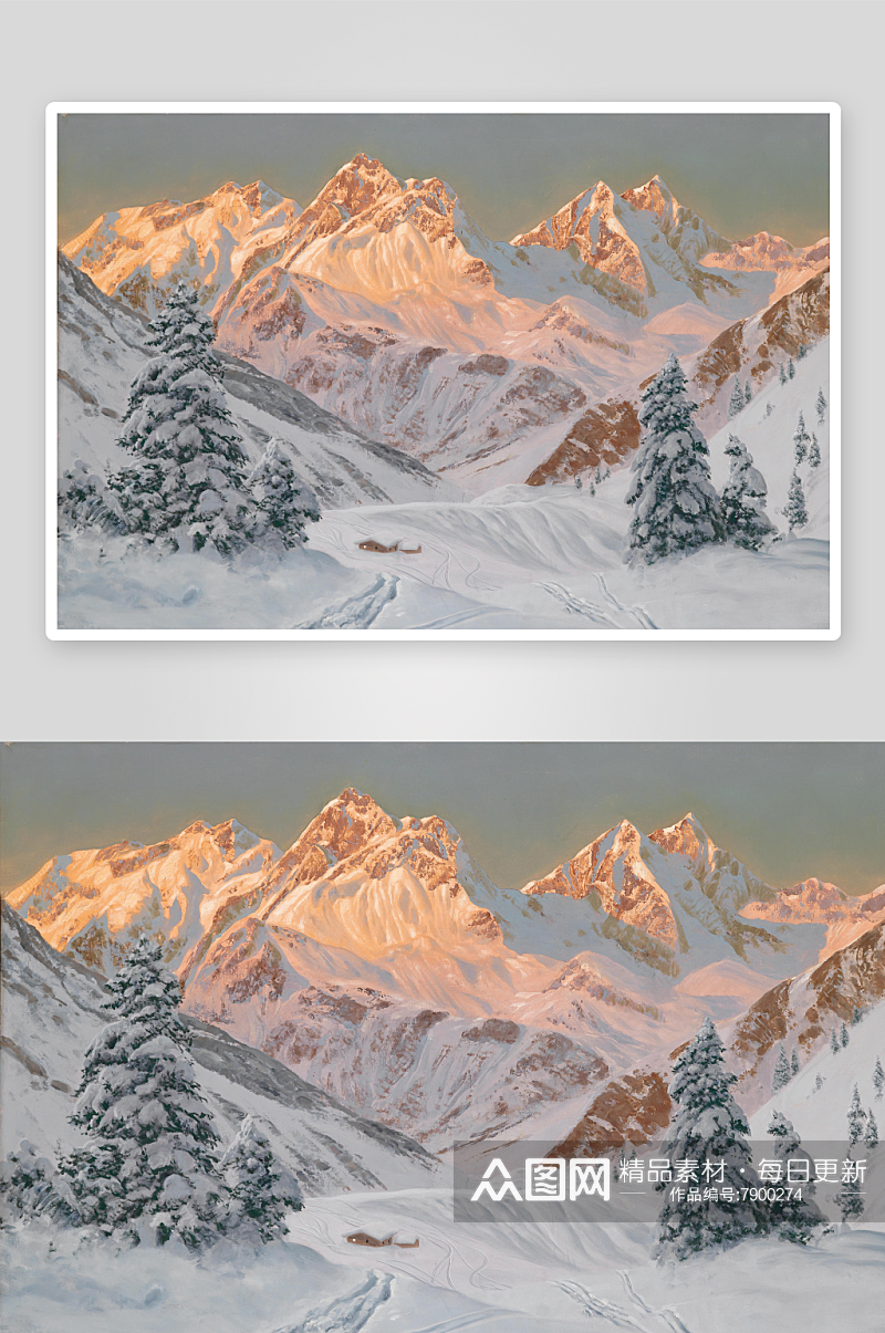 雪山雪景湖畔油画风景画素材