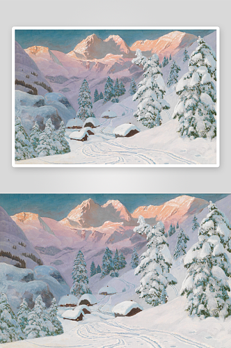 雪山雪景湖畔油画风景画