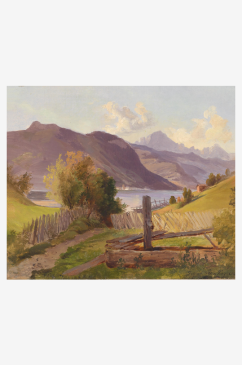 山林湖畔油画风景画