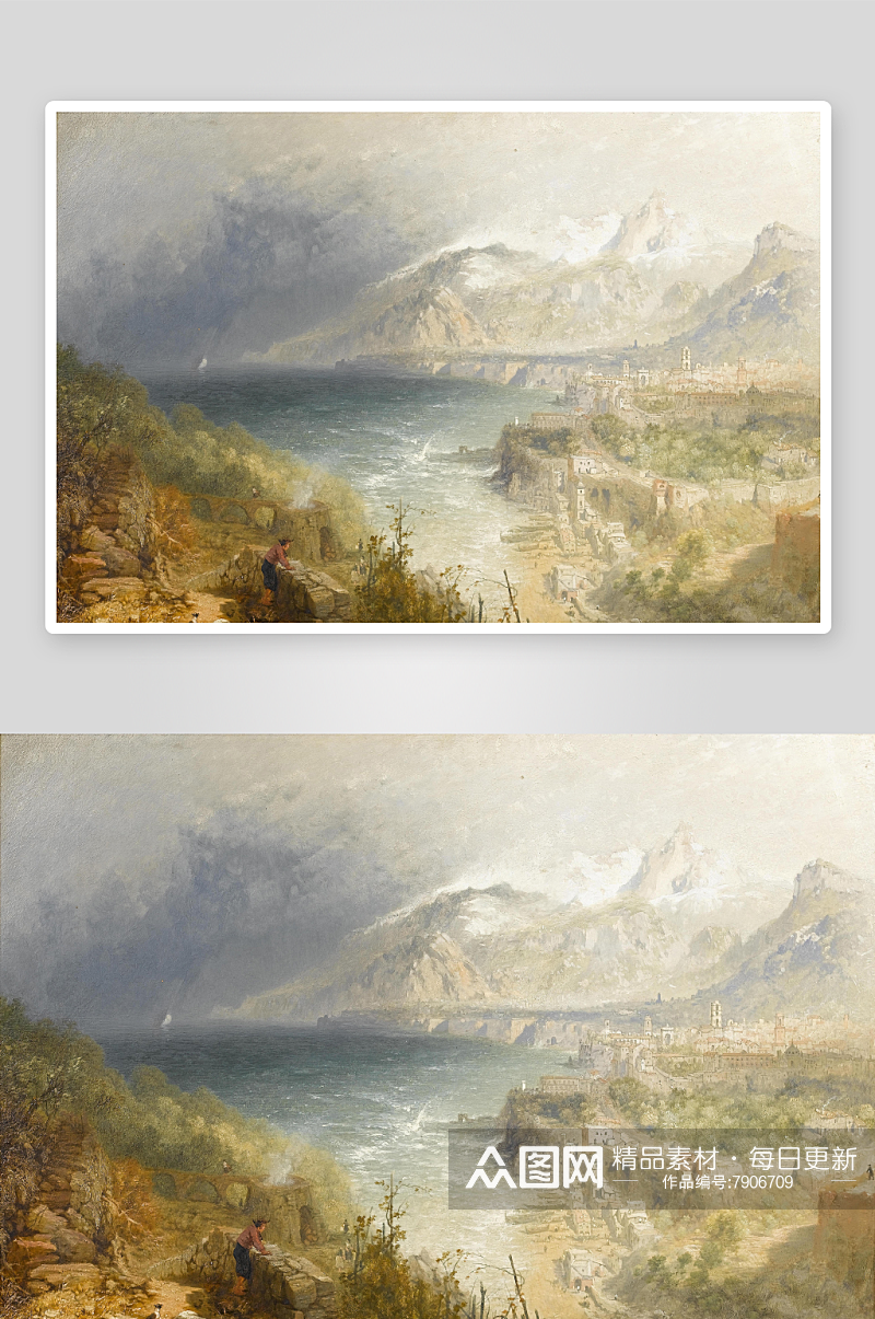 欧式风景画油画山林湖畔装饰画素材