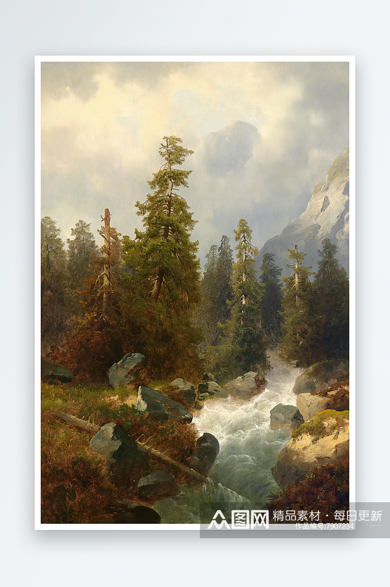 欧式风景画树林河流油画装饰画素材