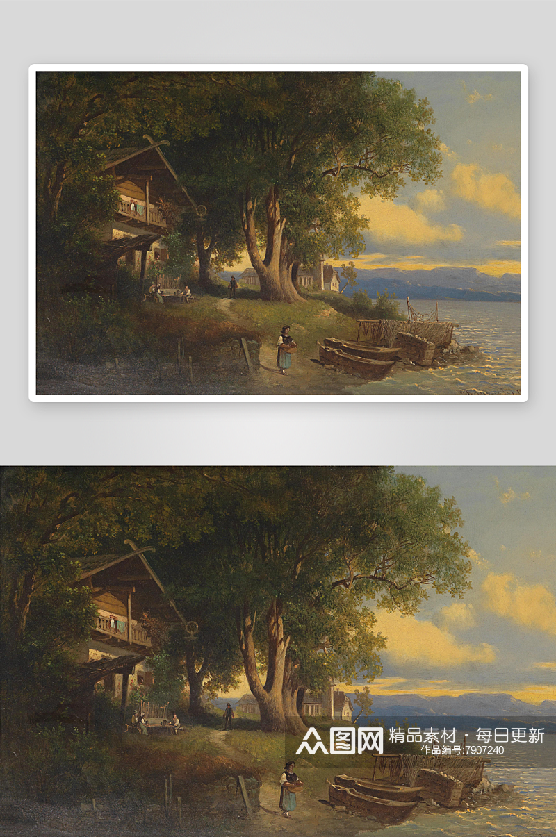 欧式风景画树林河流油画装饰画素材