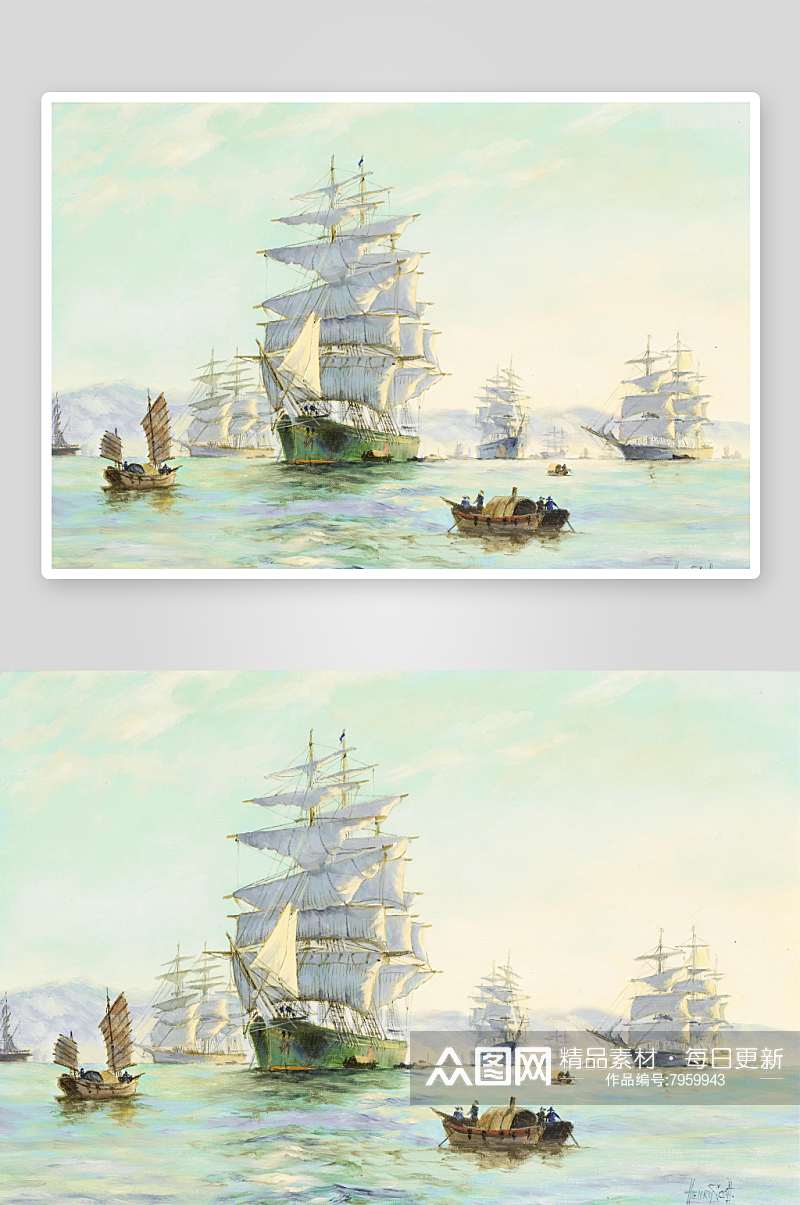 帆船油画海景装饰画素材