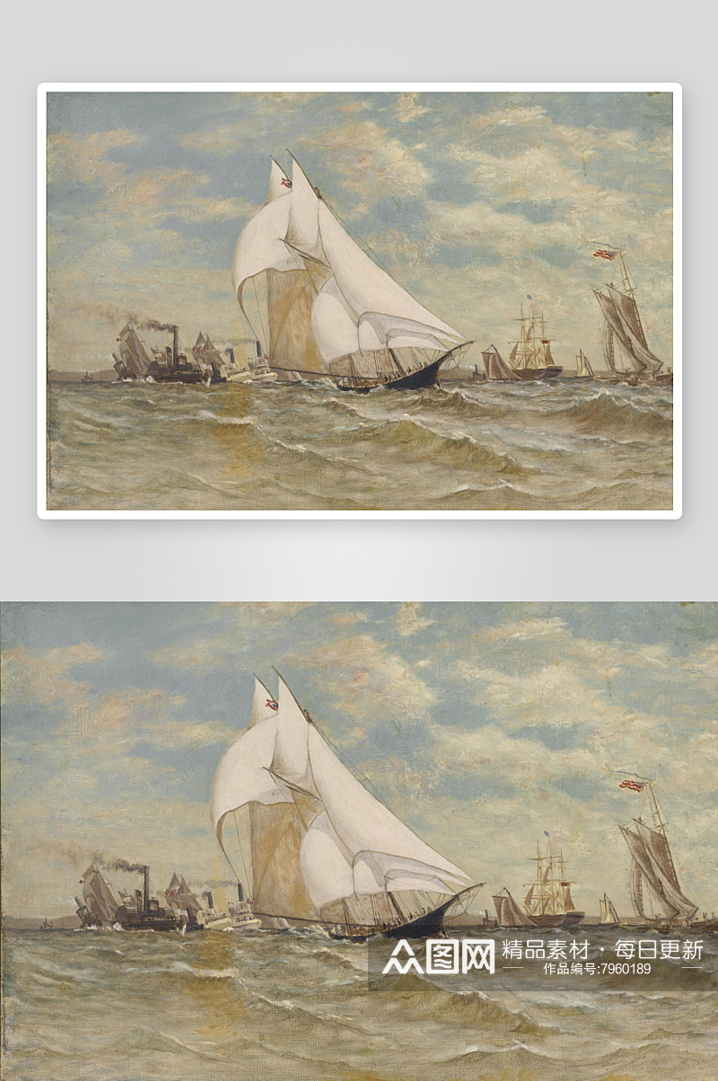 海景水彩帆船风景画图片素材