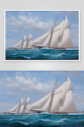 海景水彩帆船风景画图片