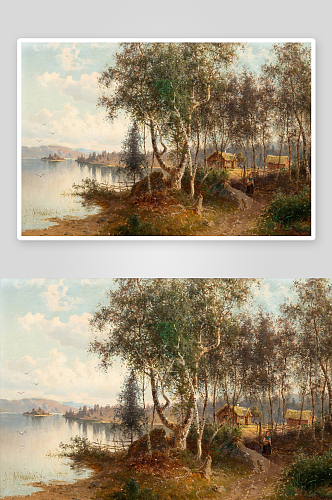 山水湖畔欧式风景画油画图片
