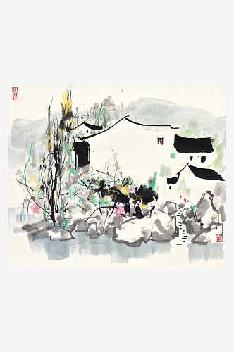 吴冠中水墨建筑房子树木抽象风景画