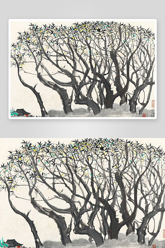 吴冠中水墨建筑房子树木抽象风景画