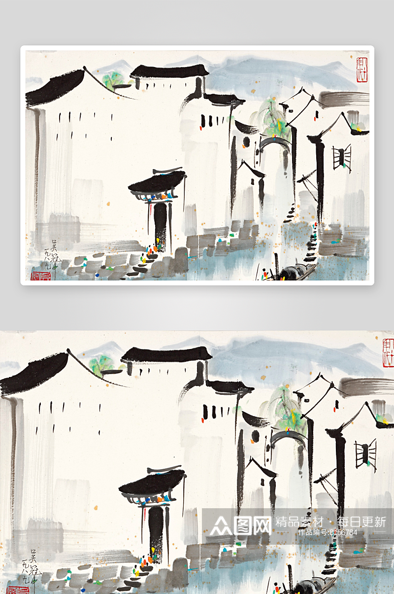 吴冠中水墨建筑房子树木抽象风景画素材