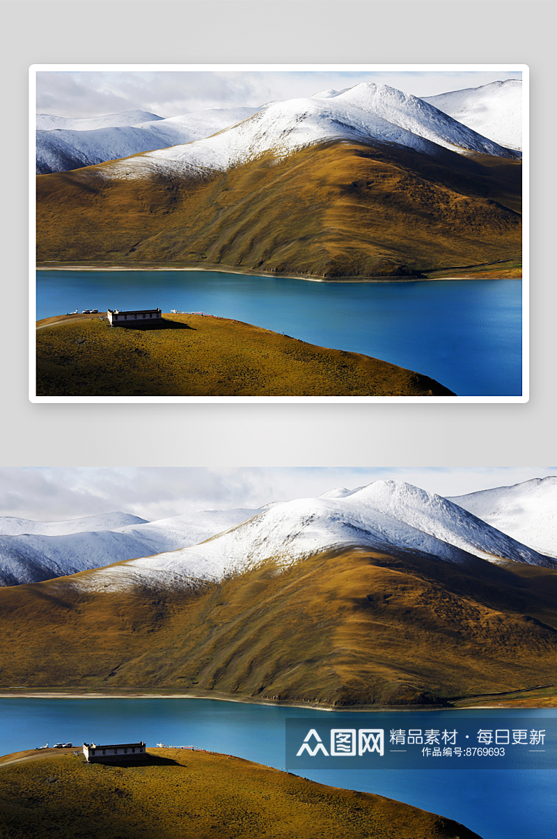 高清山脉湖畔风景画背景图素材
