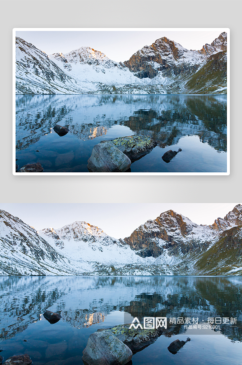 雪山湖畔雪景风景画素材