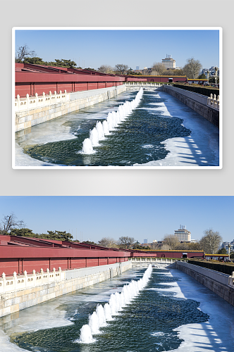 天安门冬日冰冻护城河水柱水