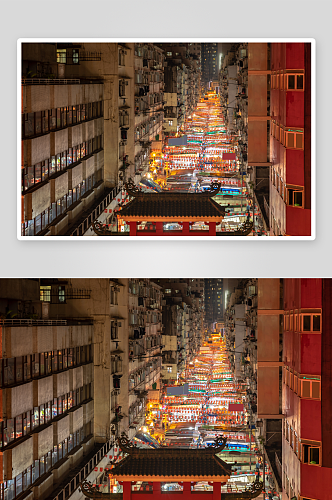 香港九龙庙街夜市照明的鸟瞰图