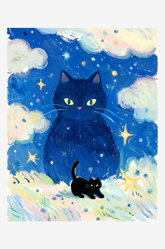 小黑猫蓝色星空插画