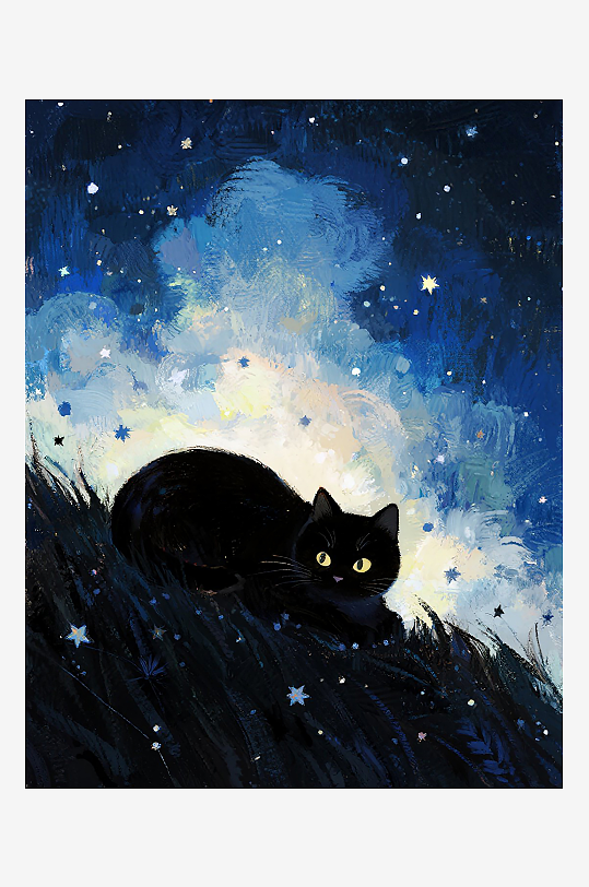 小黑猫蓝色星空插画模版