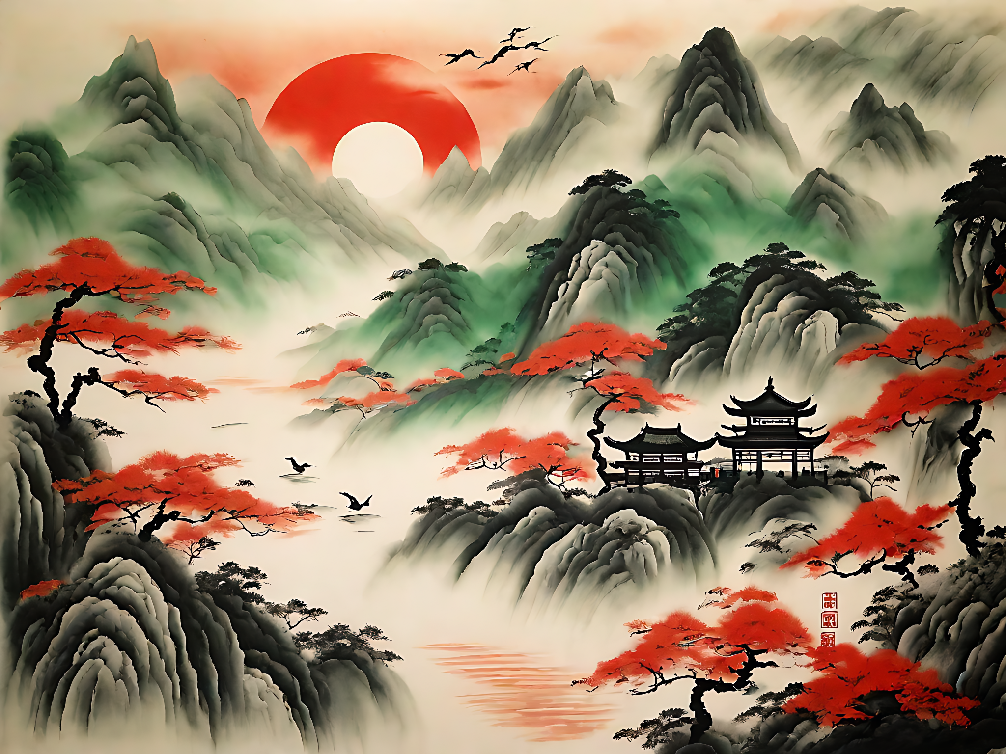 AI数字艺术彩色山水水墨画素材