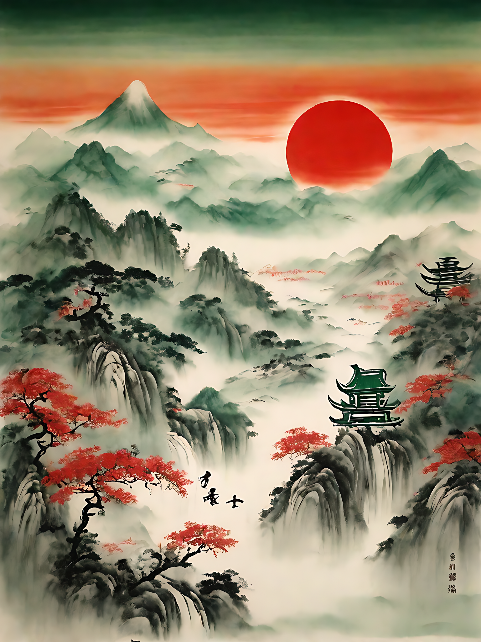 彩色山水水墨画AI数字艺术素材