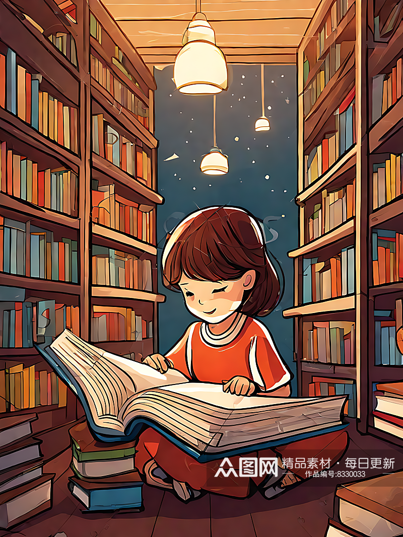 AI数字艺术图书馆看书的孩子卡通插画素材