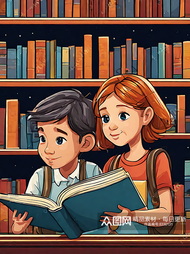 AI数字艺术图书馆看书的孩子卡通插画素材