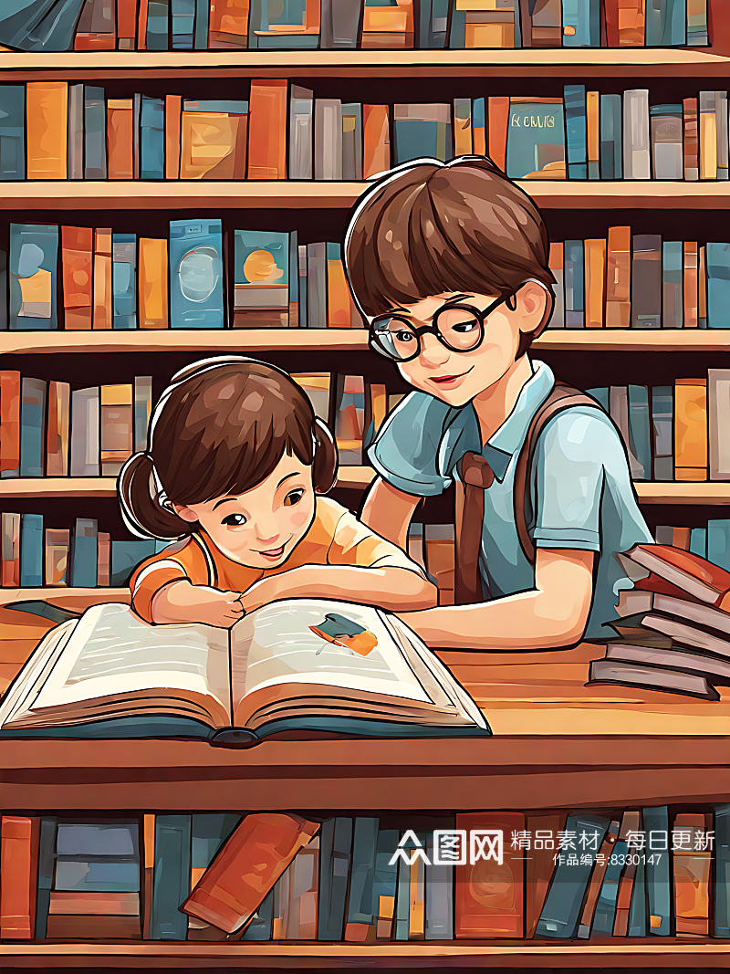 图书馆看书的孩子卡通插画AI数字艺术素材