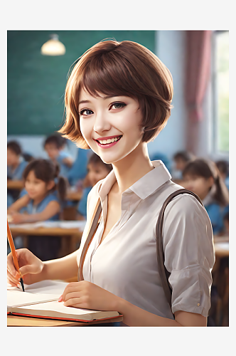 AI数字艺术摄影风课室里微笑的短发女孩
