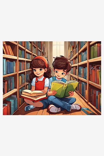 图书馆看书的孩子卡通插画AI数字艺术