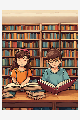 图书馆看书的孩子卡通插画AI数字艺术