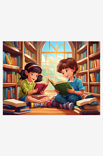 AI数字艺术图书馆看书的孩子卡通插画