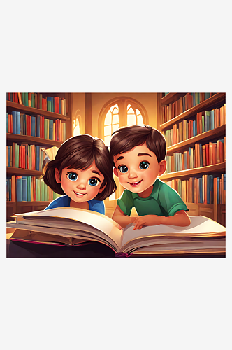 AI数字艺术图书馆看书的孩子卡通插画
