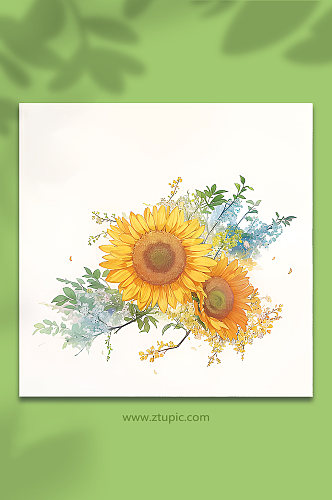 黄色手绘唯美向日葵组合花朵免抠素材92