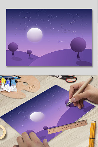 紫色插画树林背景图
