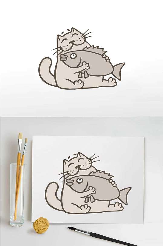 猫吃鱼可爱卡通矢量元素