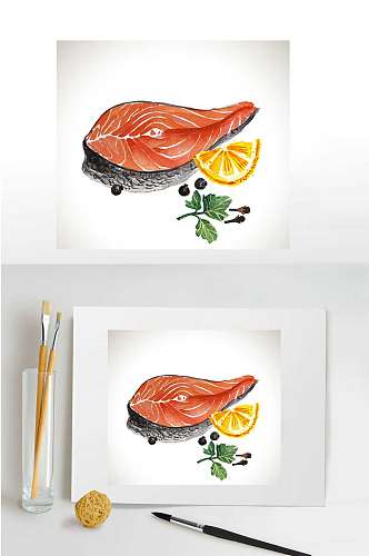 三文鱼西餐手绘油彩矢量图